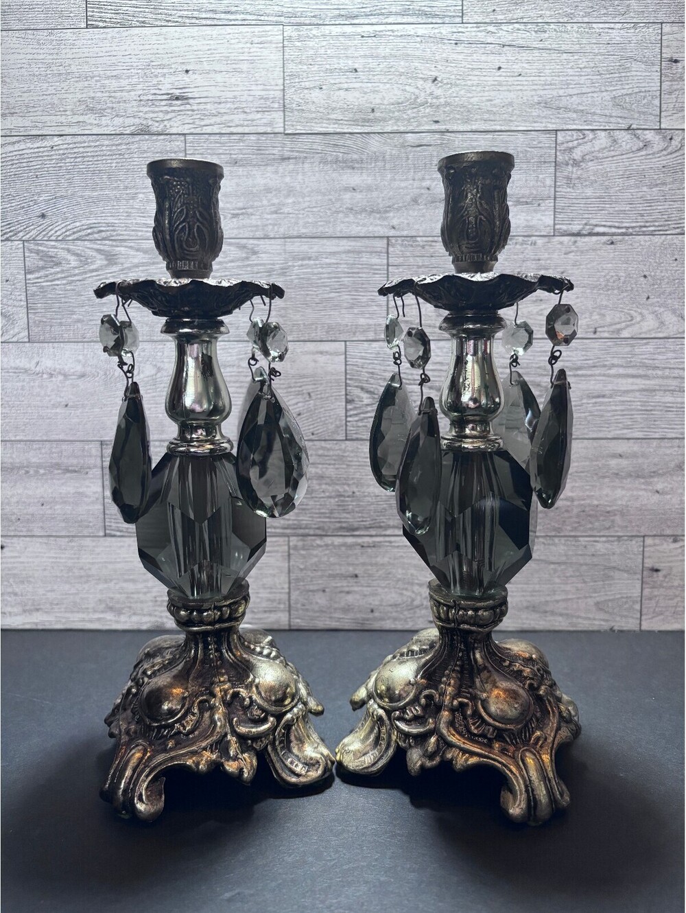 Ornate MCM Silver Tone Candle Holders with Smokey Crystal Prisms - Pair